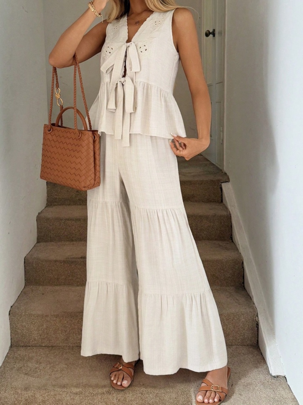 Boho Floral Detail Front Tie Sleeveless Top Wide Leg Pants Set - Picture 2 of 5